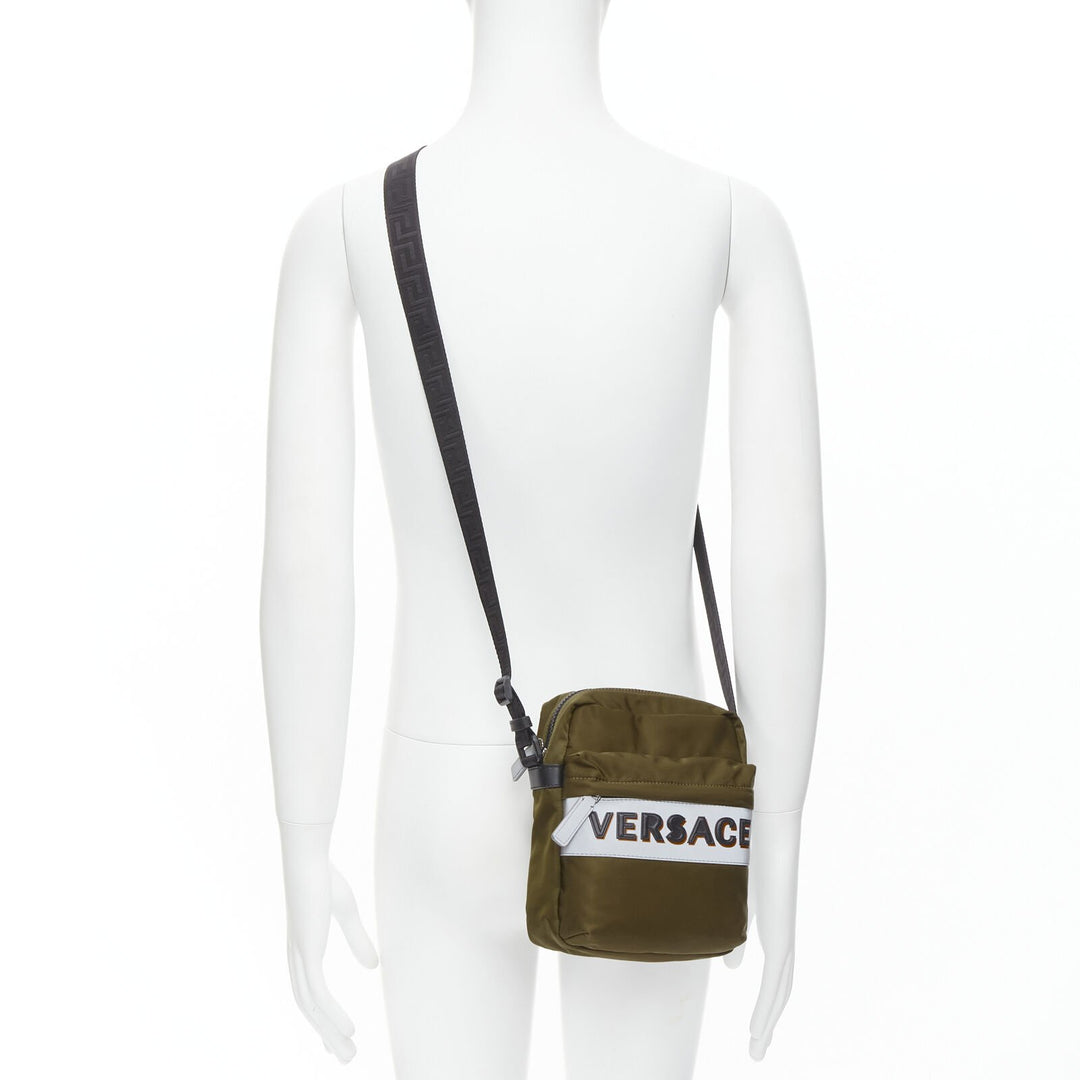 VERSACE reflective logo green nylon Greca strap crossbody messenger bag