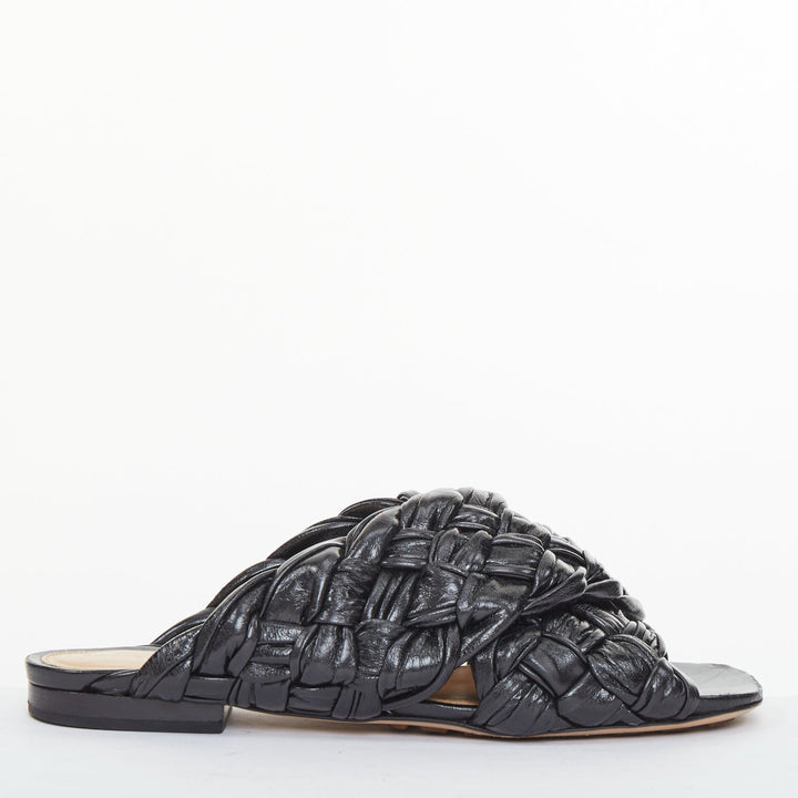 BOTTEGA VENETA The Board black woven leather crossover slide sandals EU37