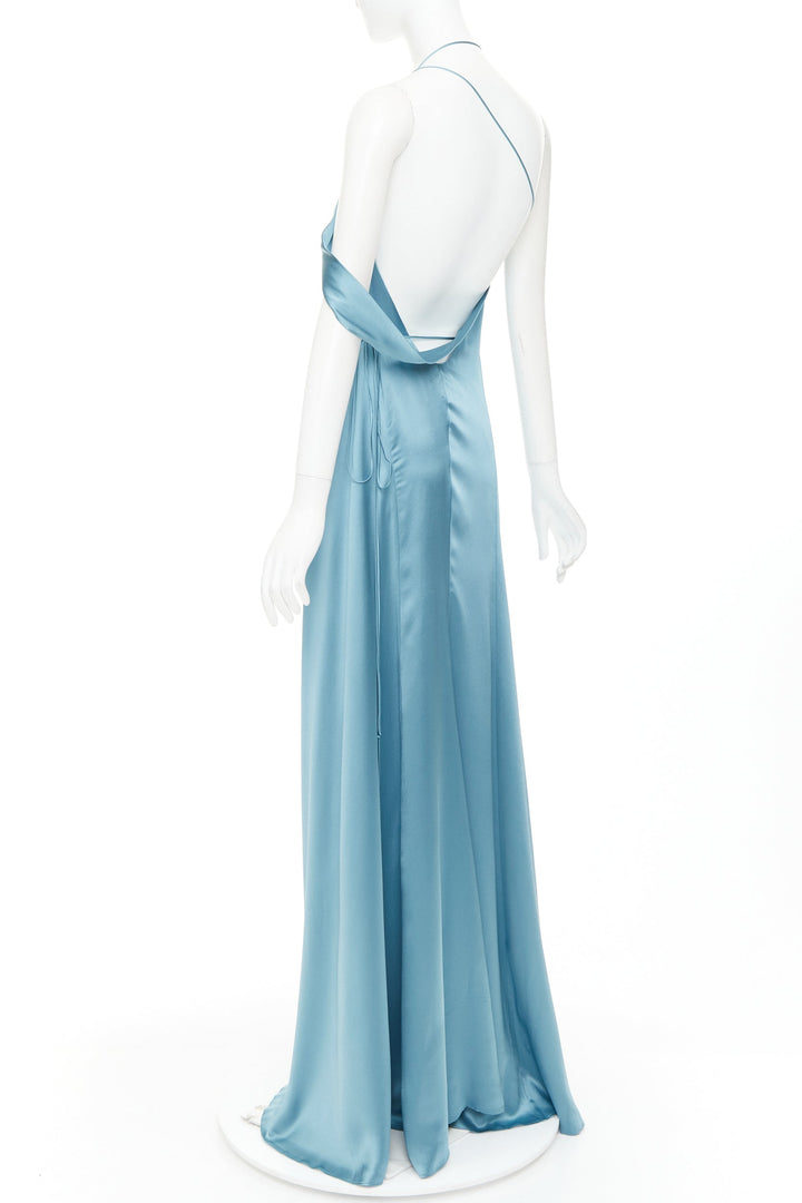 MICHELLE MASON teal blue 100% silk strappy cowl wrap high slit gown dress US4 S