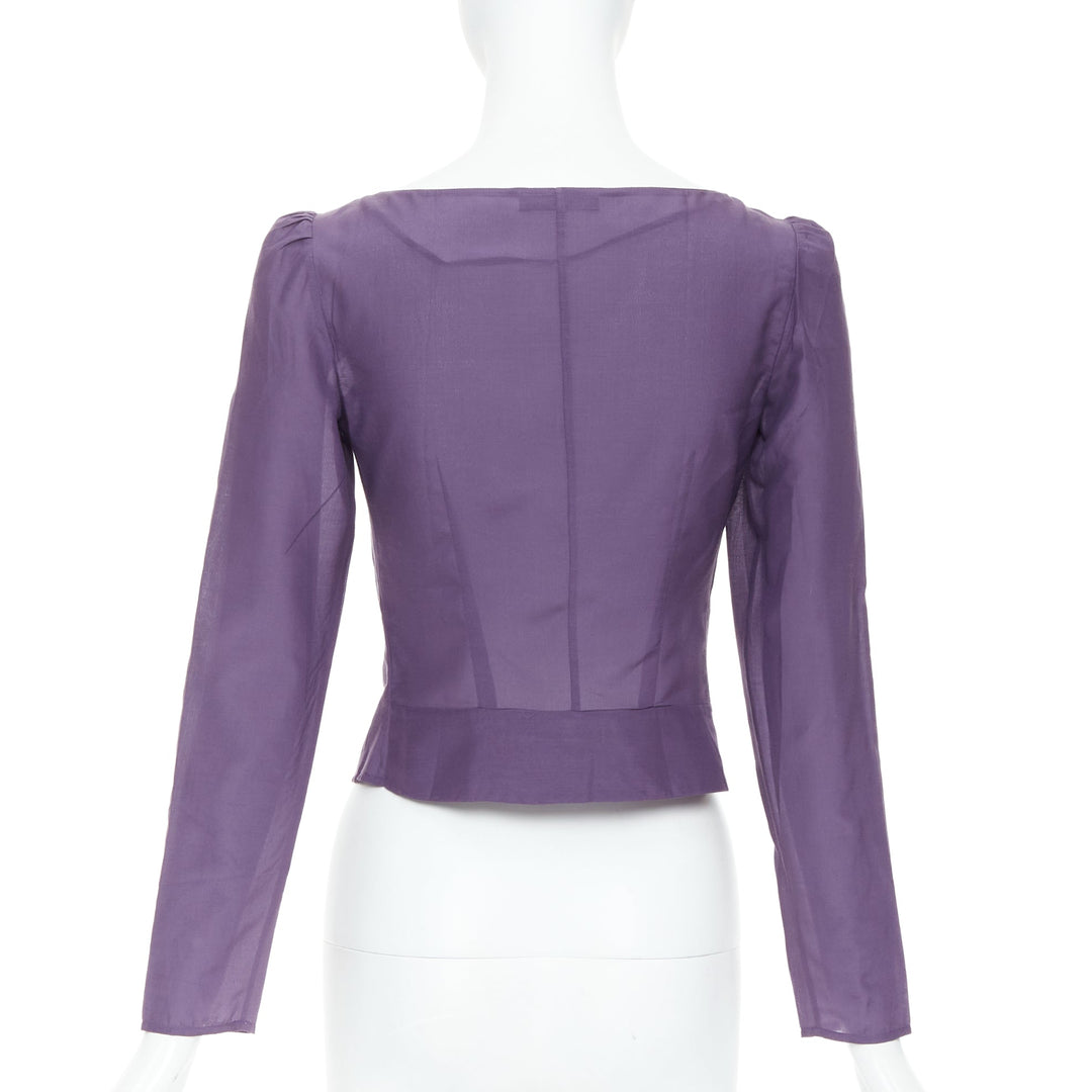 PRADA Vintage 90s purple 100% silk scoop neck ruched sleeves shirt IT38 XS