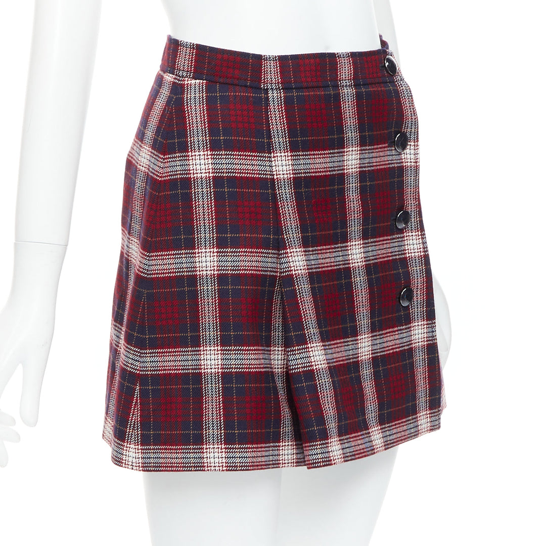 DIOR 2021 red navy virgin wool plaid silk lined A-line skirt FR34 XS