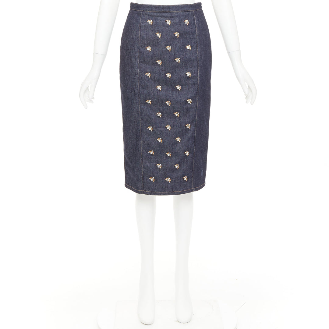 CHRISTIAN DIOR indigo blue denim glass metal bead embellished midi skirt FR36 S