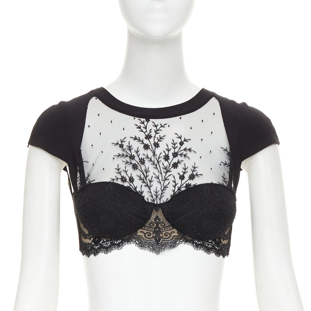 LA PERLA sheer lace underwire embroidery corset cap sleeve crop top 32B