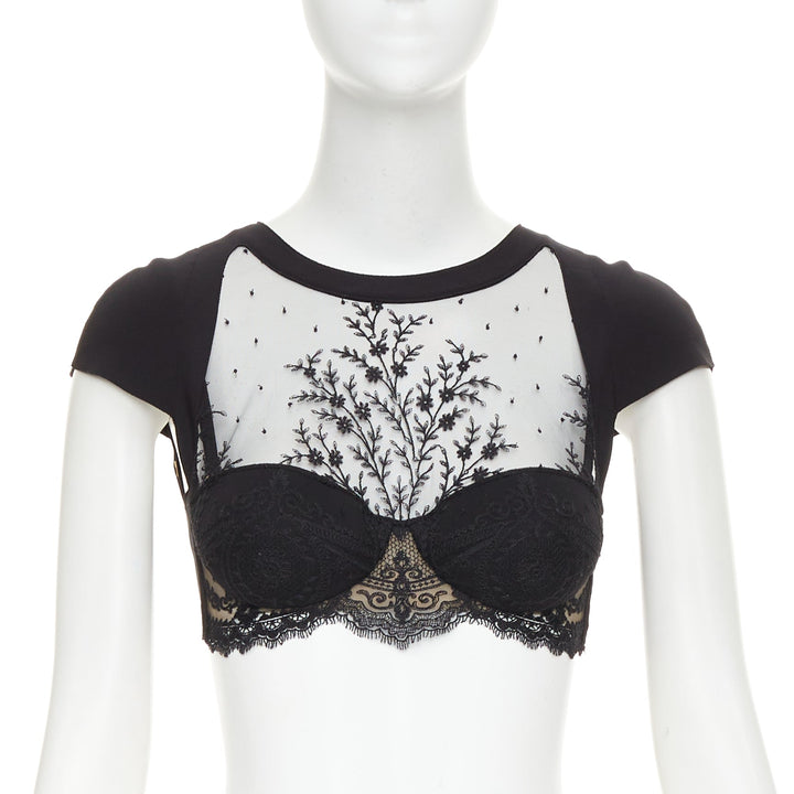 LA PERLA sheer lace underwire embroidery corset cap sleeve crop top 32B