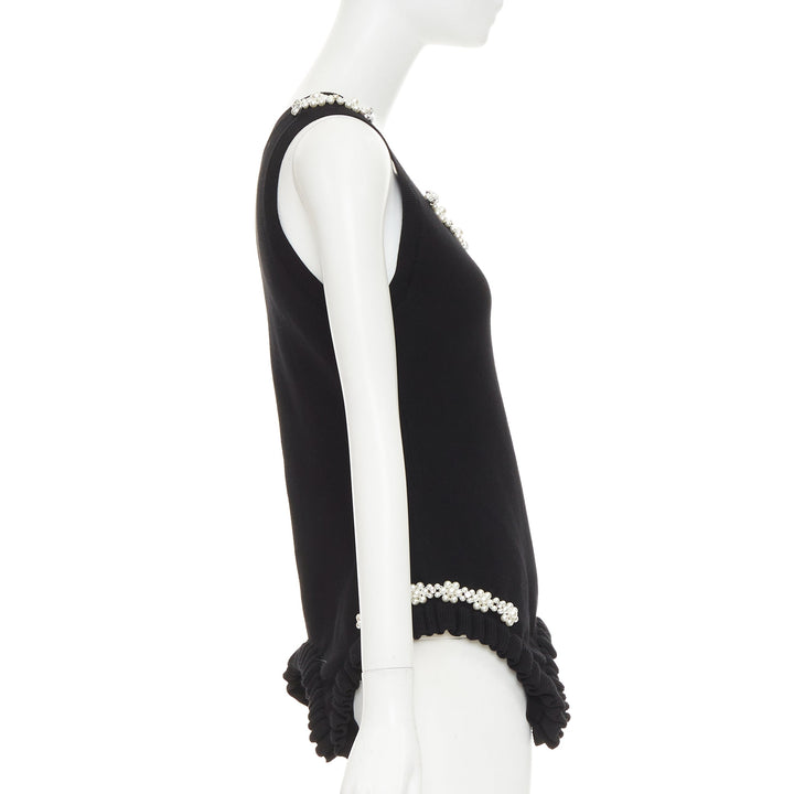 SIMONE ROCHA black knit pearl crystal embellished ruffled sweater vest M