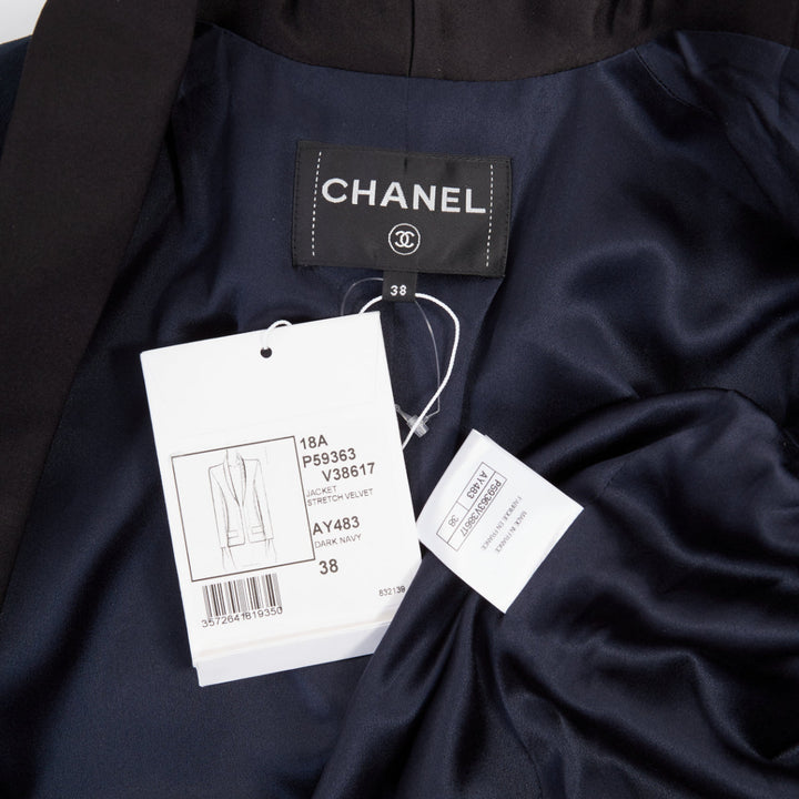 CHANEL 2018 Runway Paris Hamburg navy velvet satin shawl lapel tux jacket FR38 M
