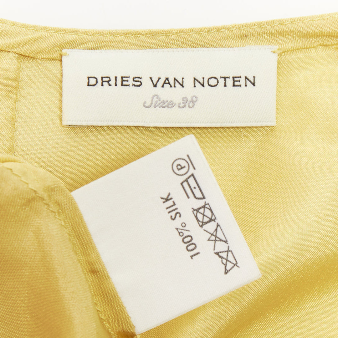 DRIES VAN NOTEN yellow 100% silk ruffle applique puff sleeve blouse FR38 M