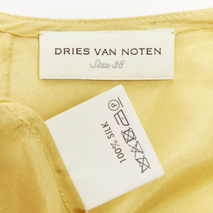 DRIES VAN NOTEN yellow 100% silk ruffle applique puff sleeve blouse FR38 M