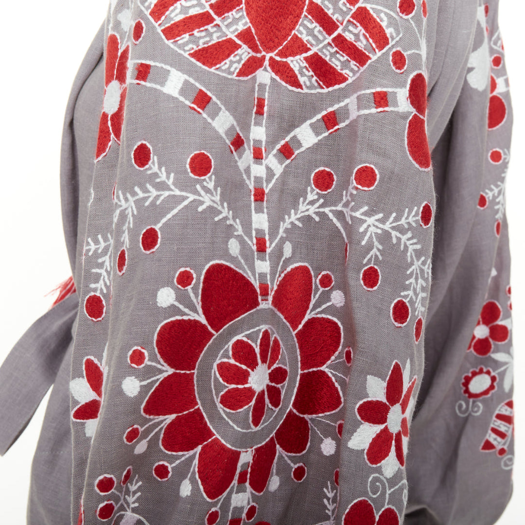 VITA KIN grey linen red folk floral embroidered boho peasant kaftan dress S/D