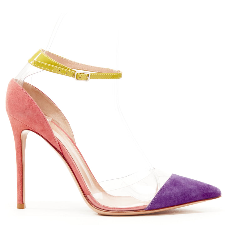 GIANVITO ROSSi Plexi purple pink suede yellow ankle strap PVC pump EU38