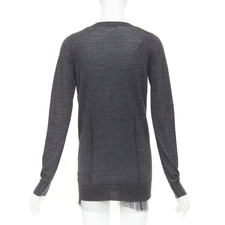 VERA WANG grey wool black tulle lined crystal embellished cardigan sweater