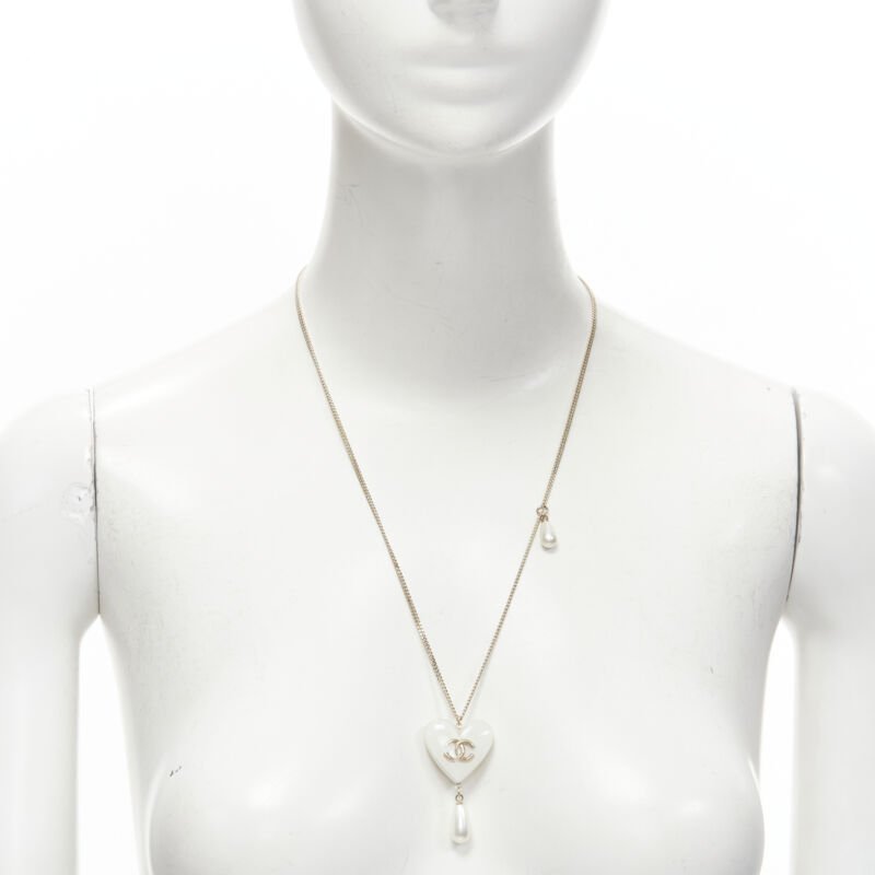 rare CHANEL B18 CC white heart drop pearl pendant necklace