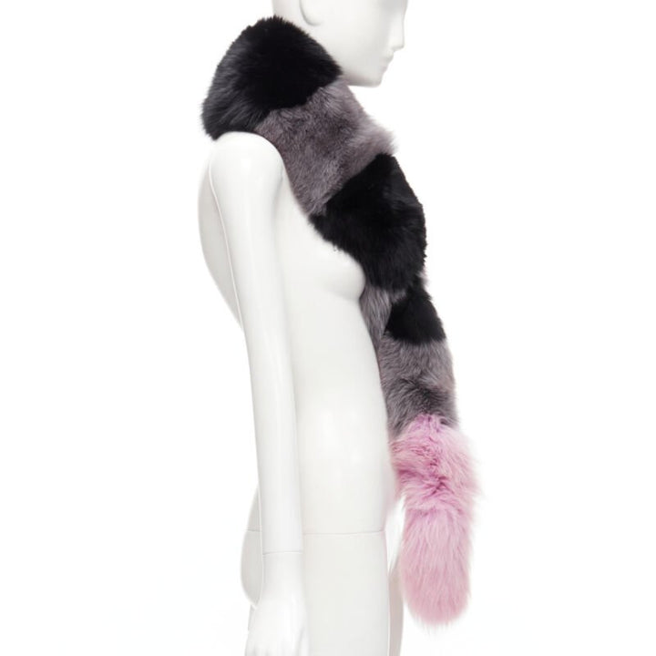 CHARLOTTE SIMONE 100% fur black pink striped tail silk lined loop through scarf