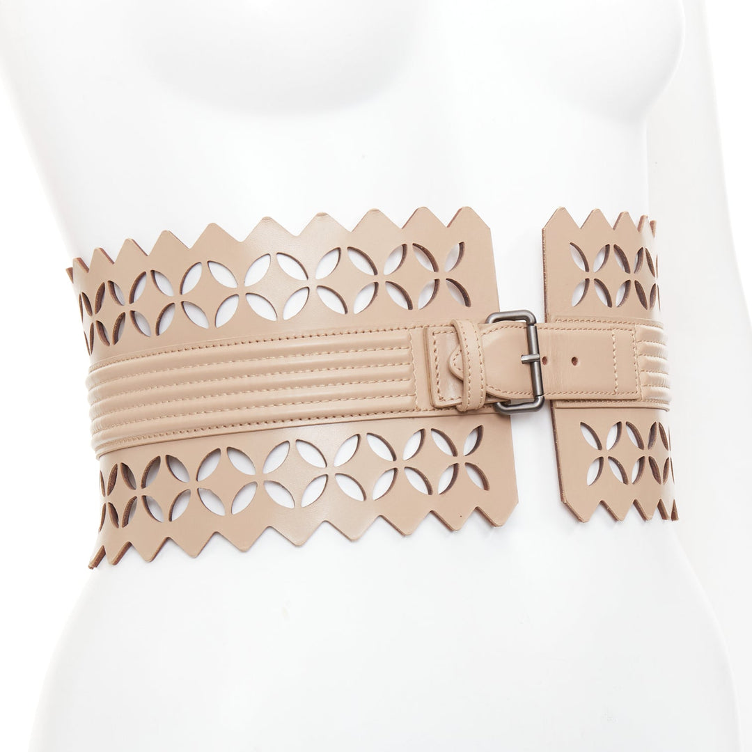 ALAIA  Vienne nude leather laser cut detail cinched corset wide belt 65cm