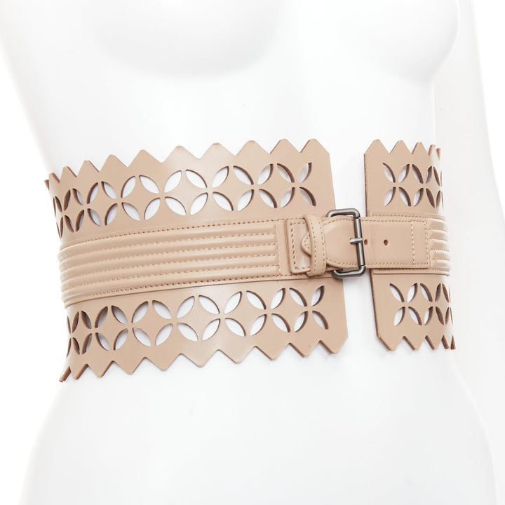 ALAIA  Vienne nude leather laser cut detail cinched corset wide belt 65cm