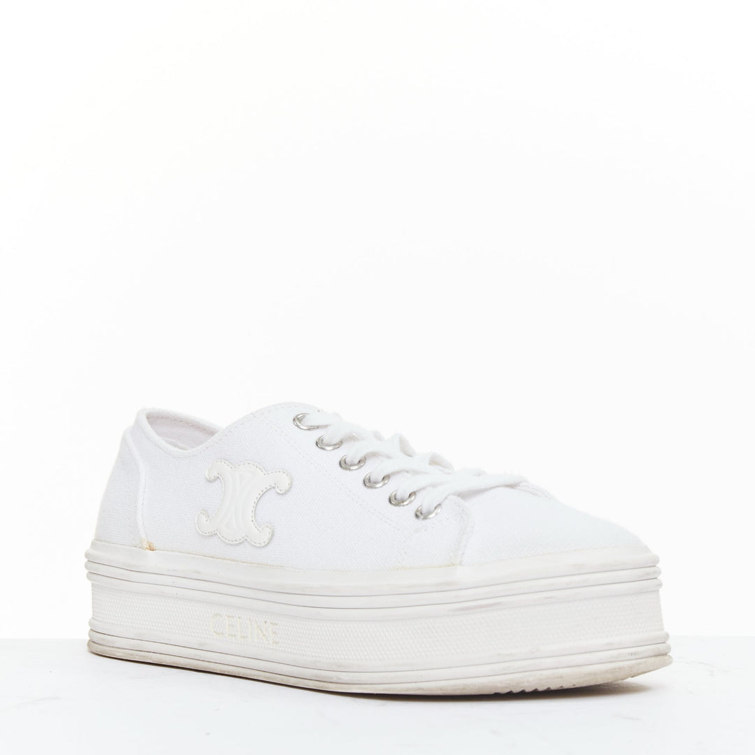 CELINE Jane Low optic white canvas leather triomphe logo platform sneakers EU35