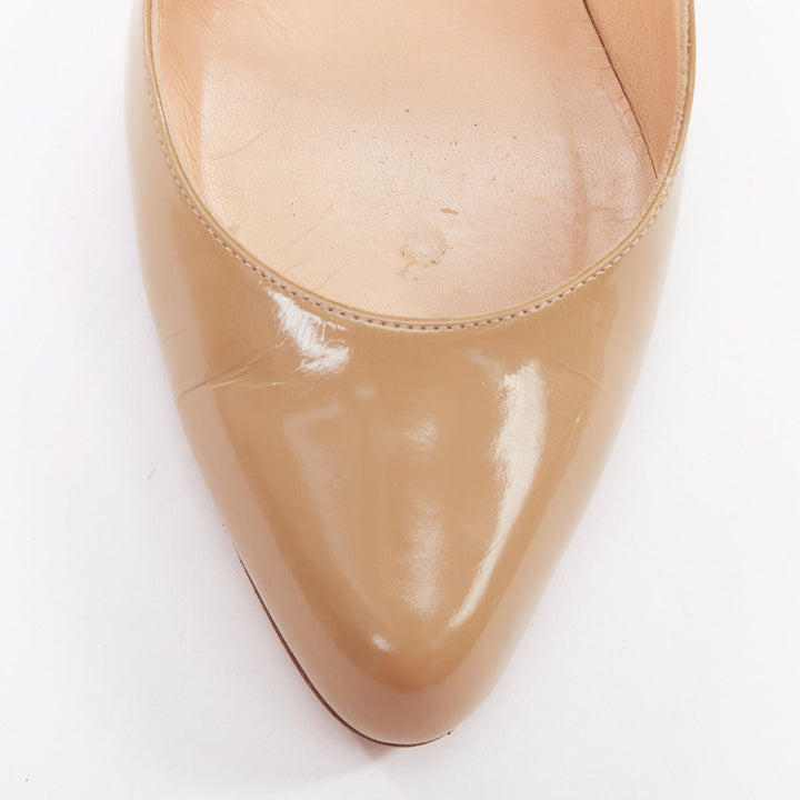 CHRISTIAN LOUBOUTIN taupe nude patent leather stiletto almond pumps EU38