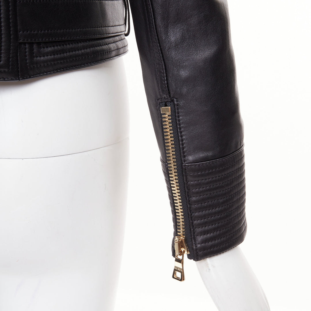 BALMAIN 2020 black quilted lambskin leather belted perfecto biker jacket FR34 XS