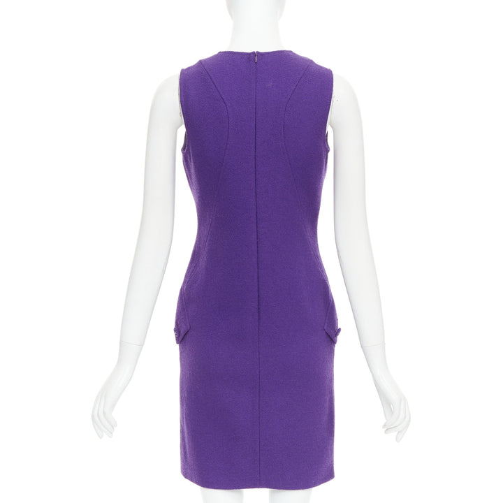 VERSACE purple boucle wool Medusa button slant pocket dress IT38 XS