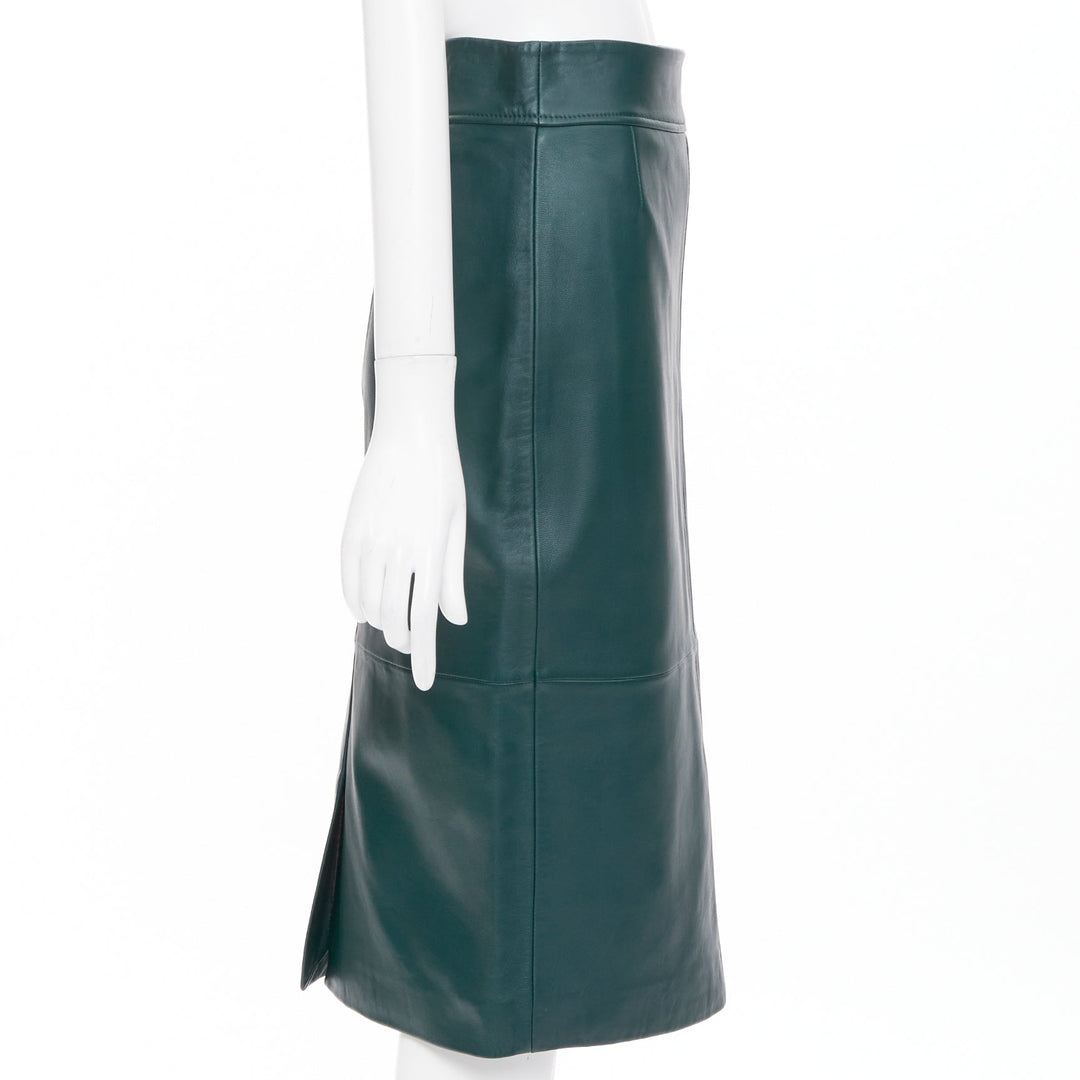 BOSS dark green panelled lambskin leather exposed silver zip pencil skirt US2 S