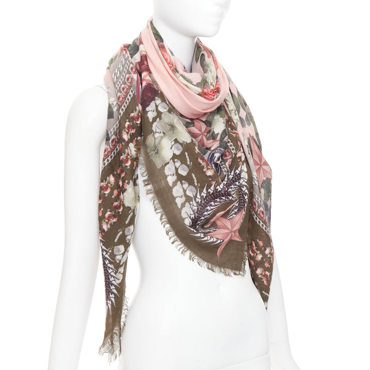 GIVENCHY Riccardo Tisci pink olive green wool silk rose print fringed trim scarf