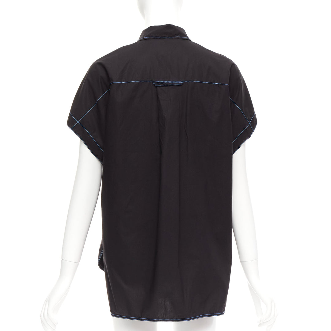 MARNI black blue topstitched round shoulder 3D cut boxy shirt IT40 S