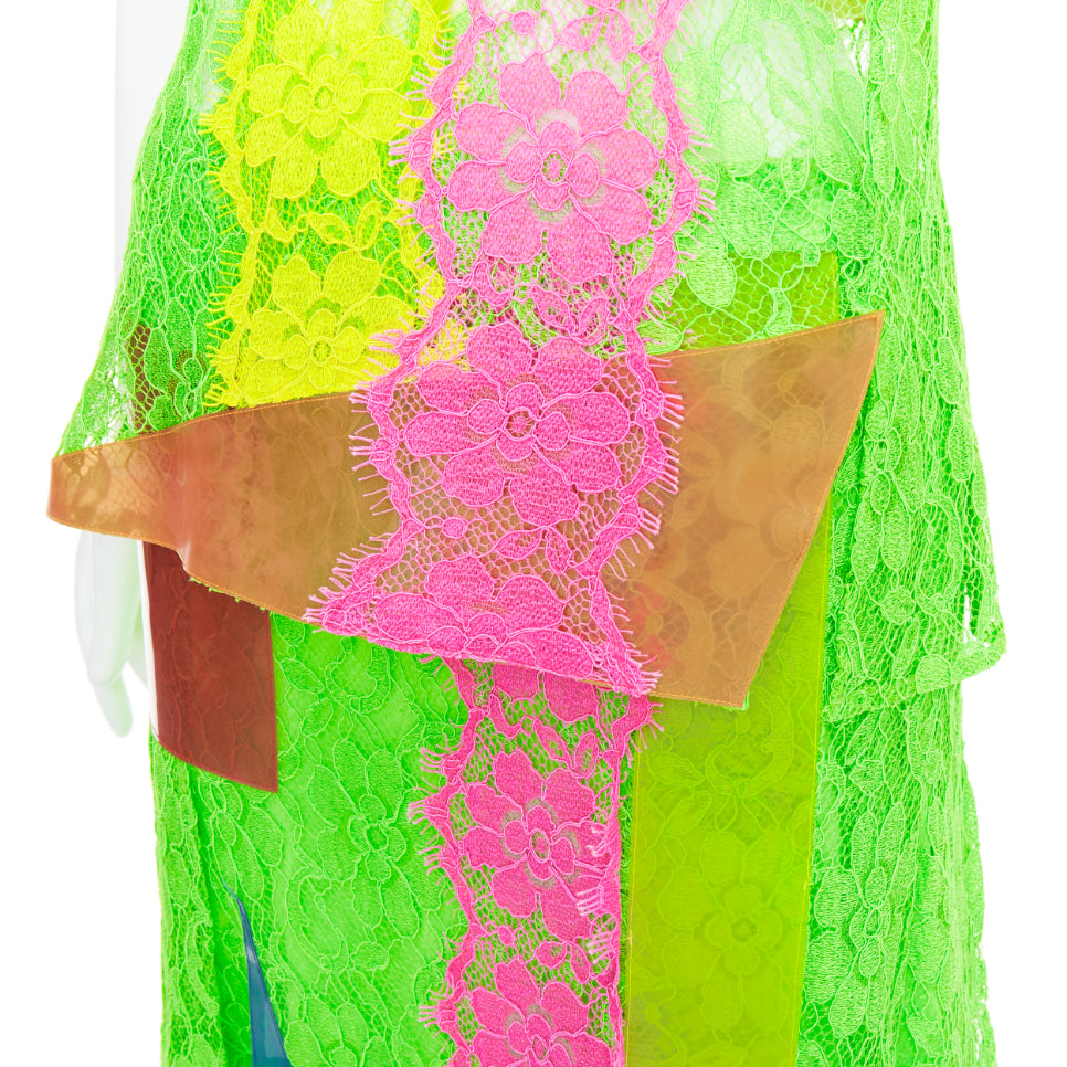 CHRISTOPHER KANE 2016 Runway neon green pink PVC lace skirt set UK8 S