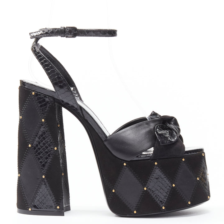 SAINT LAURENT Paige 85 Runway black patchwork stud platform sandals EU38