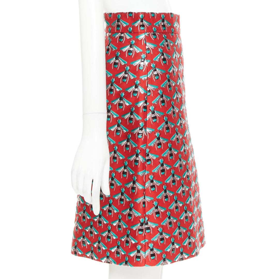 GUCCi 2015 Hibiscus Red Bee jacquard high waist A-line skirt IT40 S