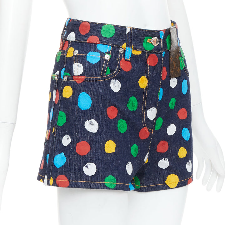 LOUIS VUITTON Yayoi Kusama Painted Dots logo patch denim shorts FR34 XS