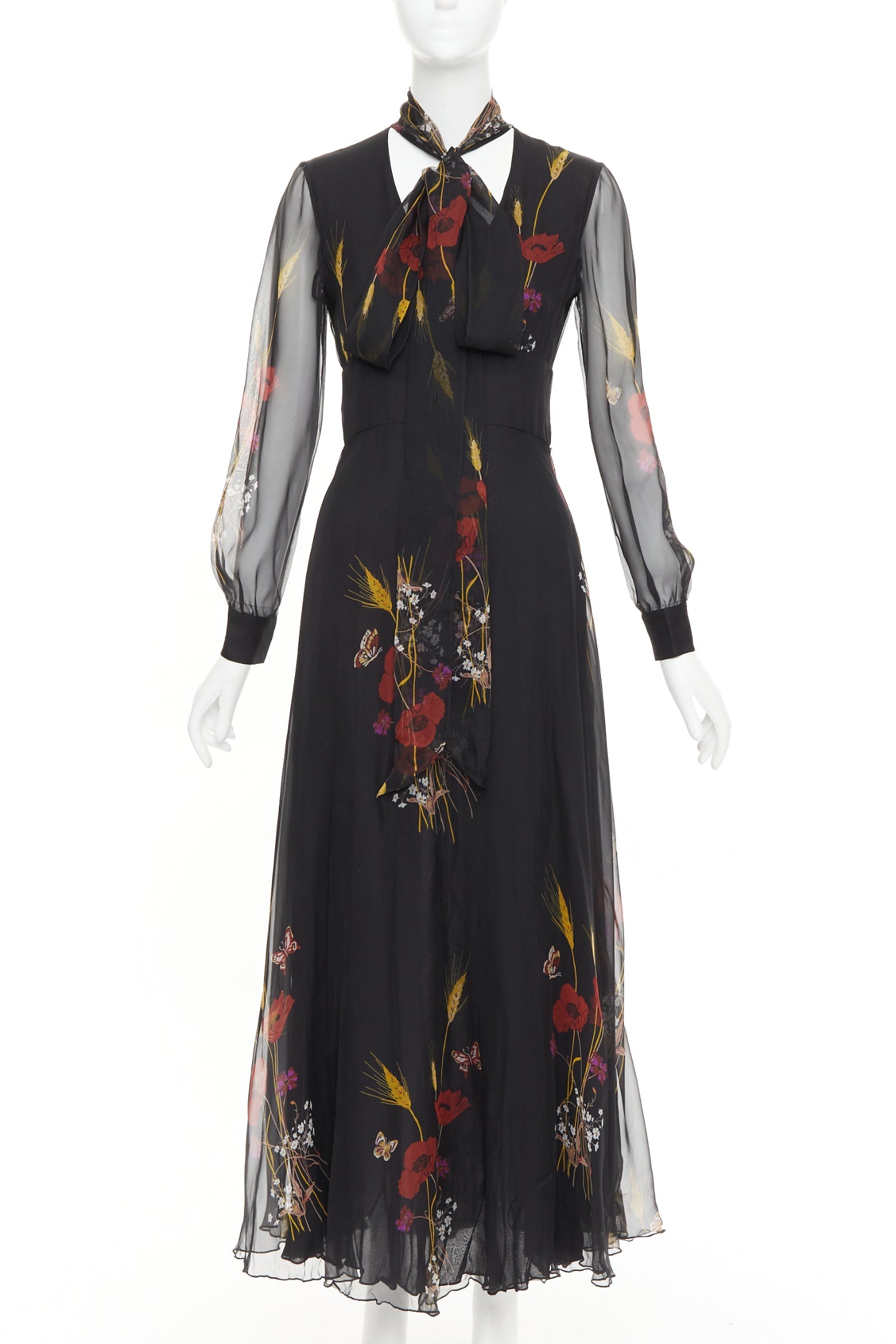 VALENTINO 2019 100% silk black Poppy Meadow chiffon tie neck midi