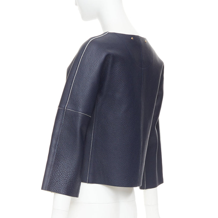 LOUIS VUITTON navy off white textured leather tie front jacket FR36 M