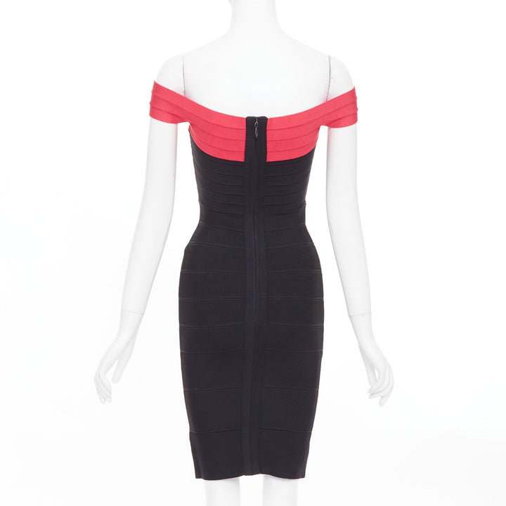 HERVE LEGER red colorblock off shoulder bandage bodycon cocktail dress XXS