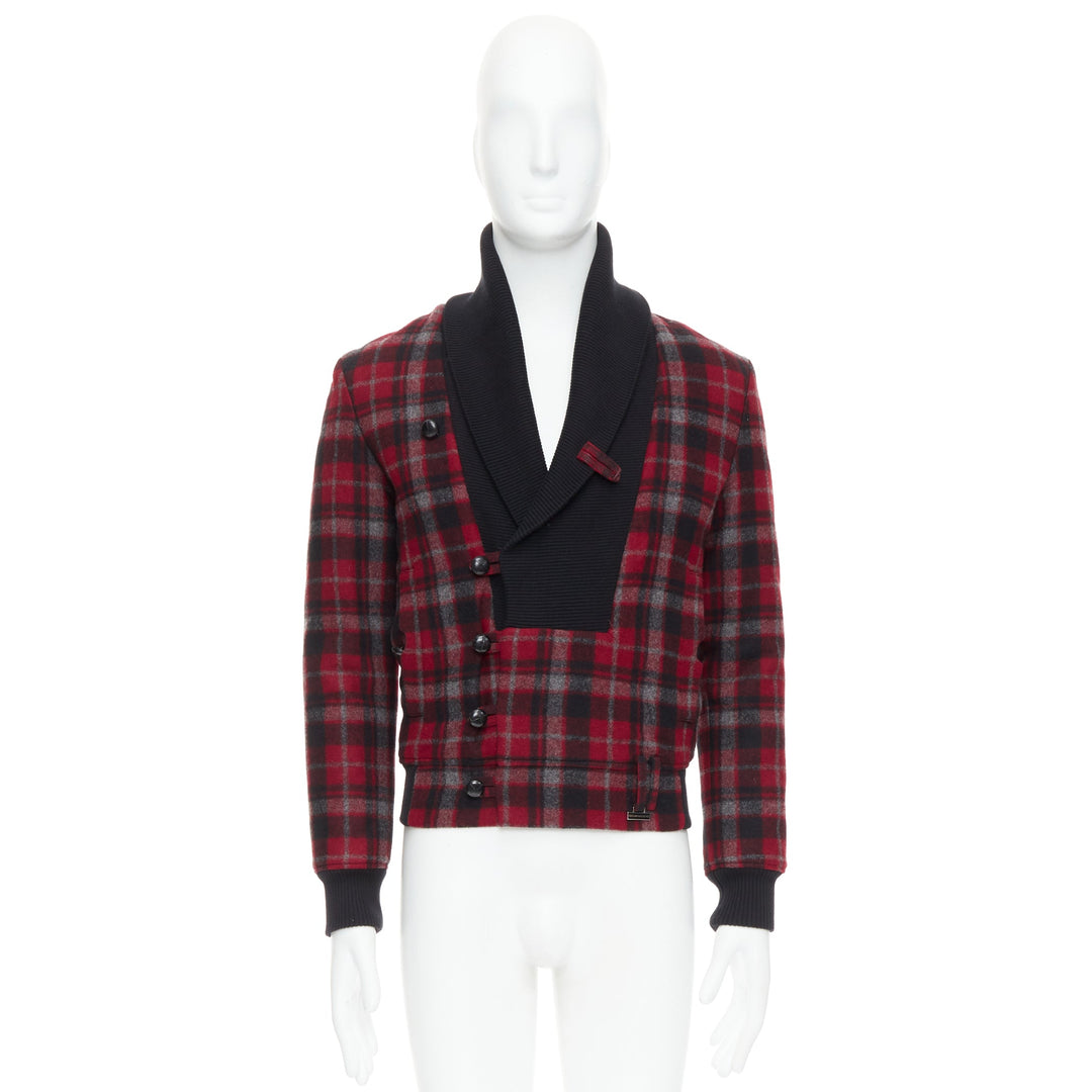 KRIS VAN ASSCHE red black virgin wool checkered cotton trim bomber IT46 S