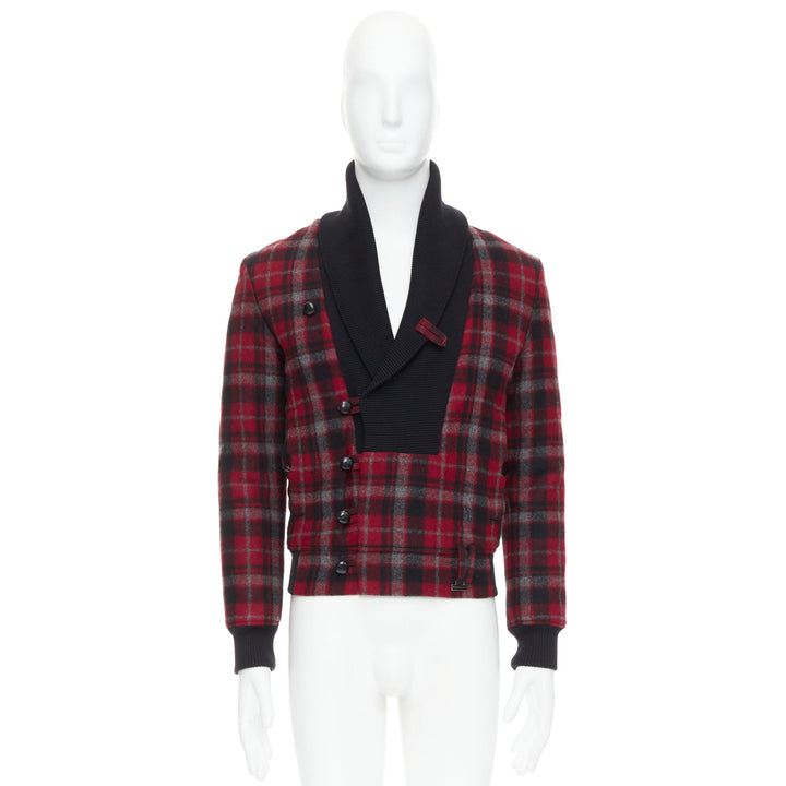 KRIS VAN ASSCHE red black virgin wool checkered cotton trim bomber IT46 S