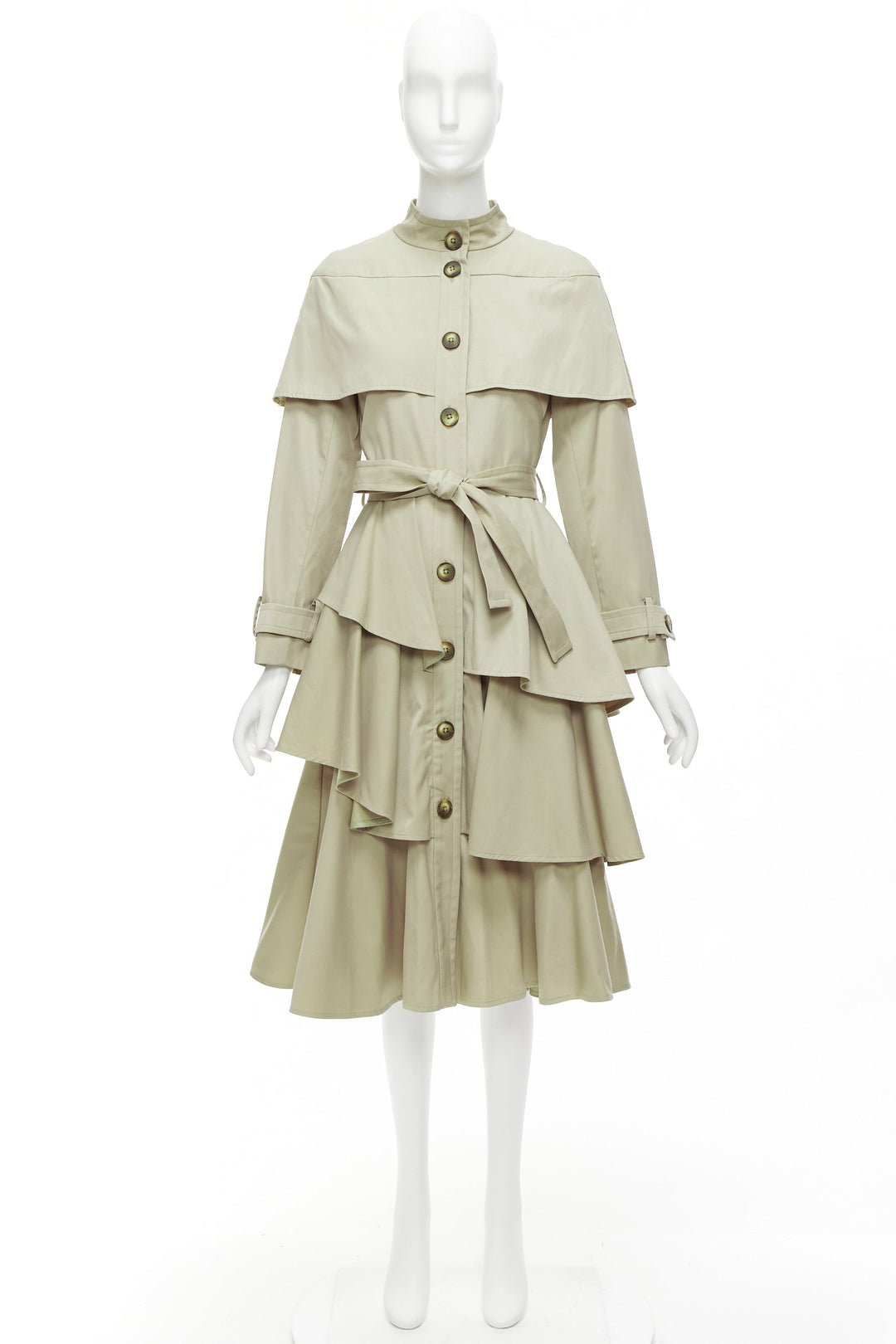 OSMAN LONDON khaki cotton tiered ruffle capelet belted long trench coat XS