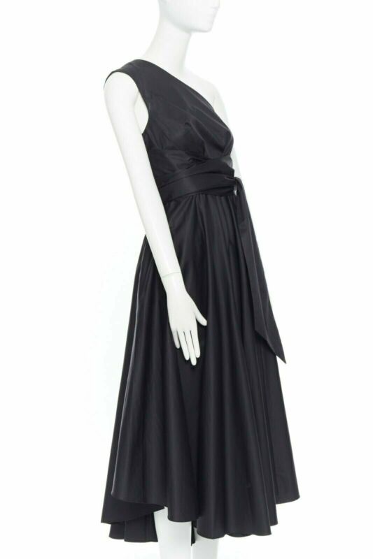 TIBI black cotton fit flare dress one shoulder asymmetrical pleat skirt US0 XS