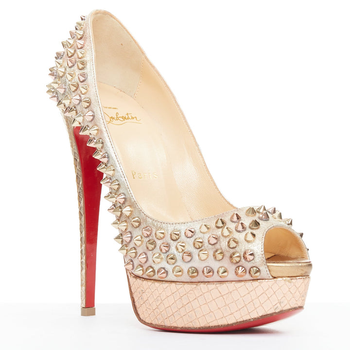 CHRISTIAN LOUBOUTIN Lady Peep 150 metallic gold studded platform peep pump EU38