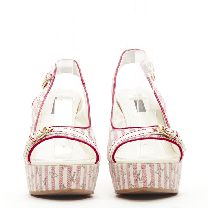 LOUIS VUITTON pink beige striped monogram jute espadrille wedge platform EU36.5