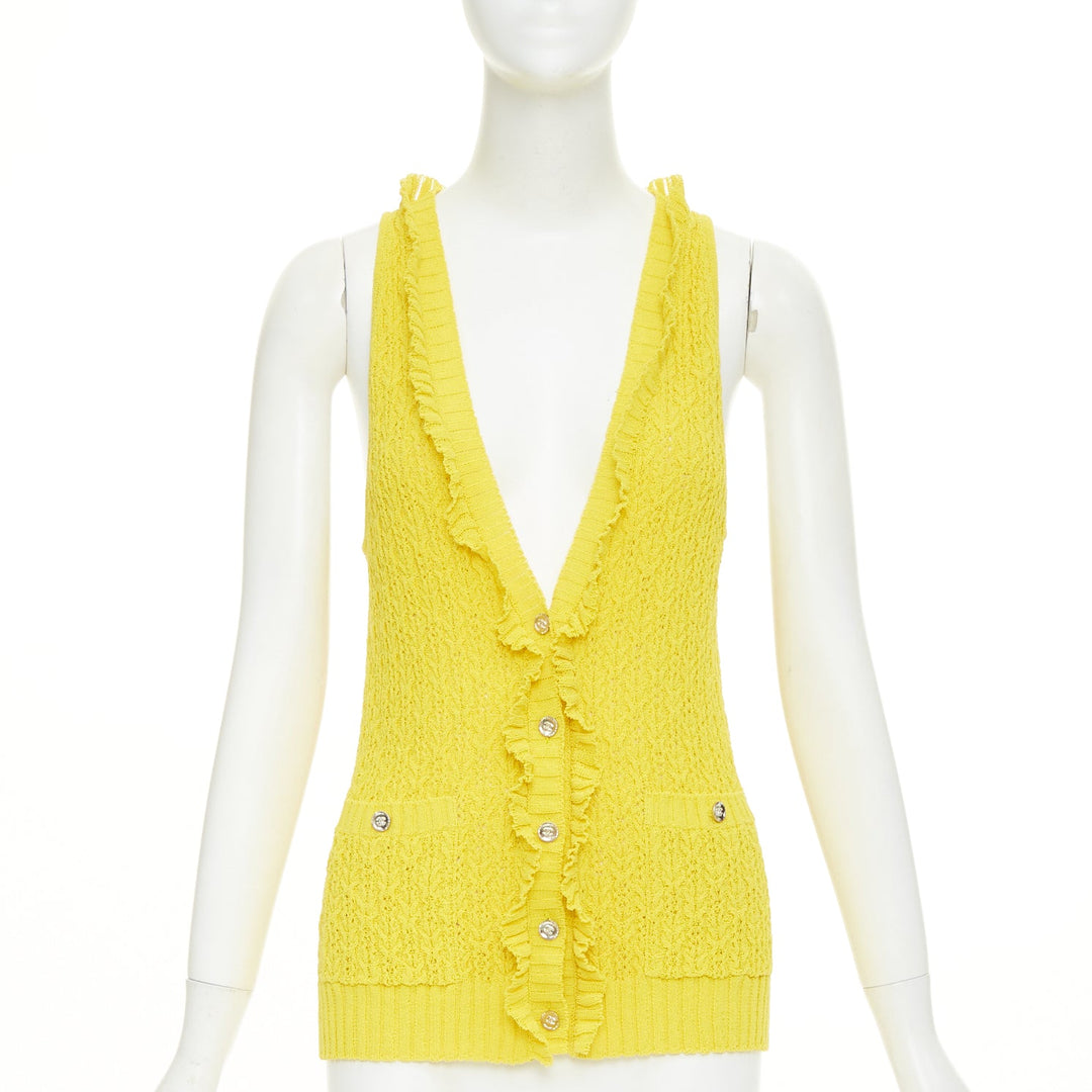 CHANEL 2025 marigold yellow openwork ruffle trim cotton vest cardigan FR34 XXS