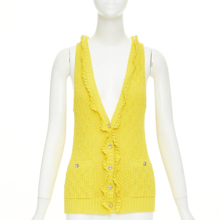 CHANEL 2025 marigold yellow openwork ruffle trim cotton vest cardigan FR34 XXS