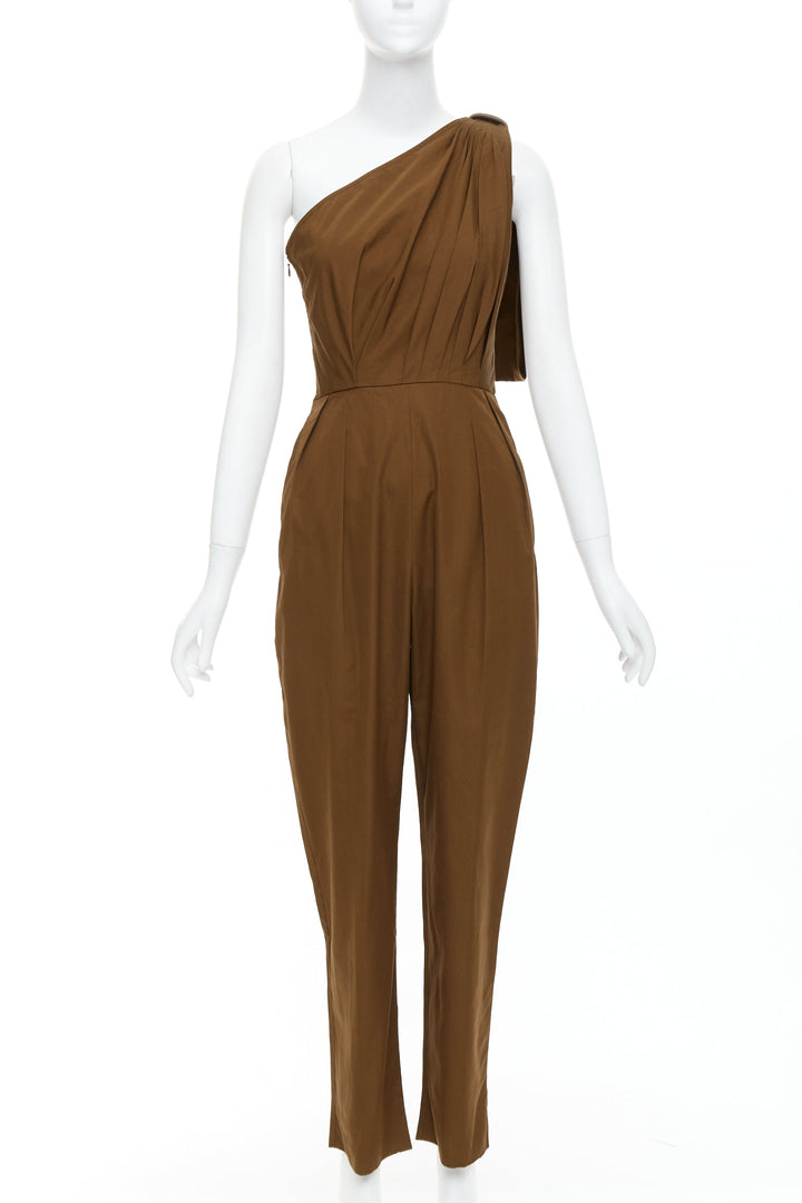 MAX MARA Avola brown cotton poplin one shoulder leather trim jumpsuit IT36 XXS