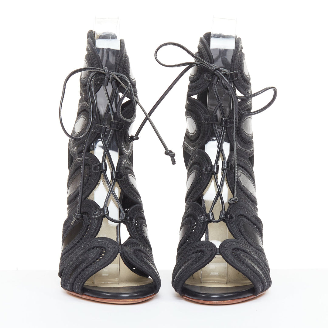 FRANCESCO RUSSO 2016 black leather Teardrop Cage topstitch lace up sandals EU35