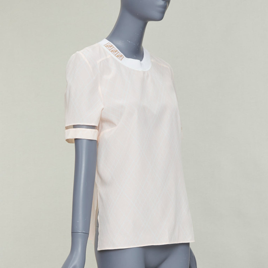 FENDI pink silky nude FF monogram crew collar diamond checked short sleeve top