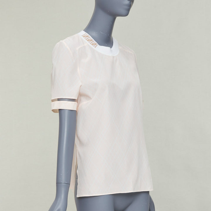 FENDI pink silky nude FF monogram crew collar diamond checked short sleeve top