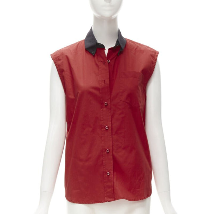 PRADA red contrast black collar boxy sleeveless vest shirt S