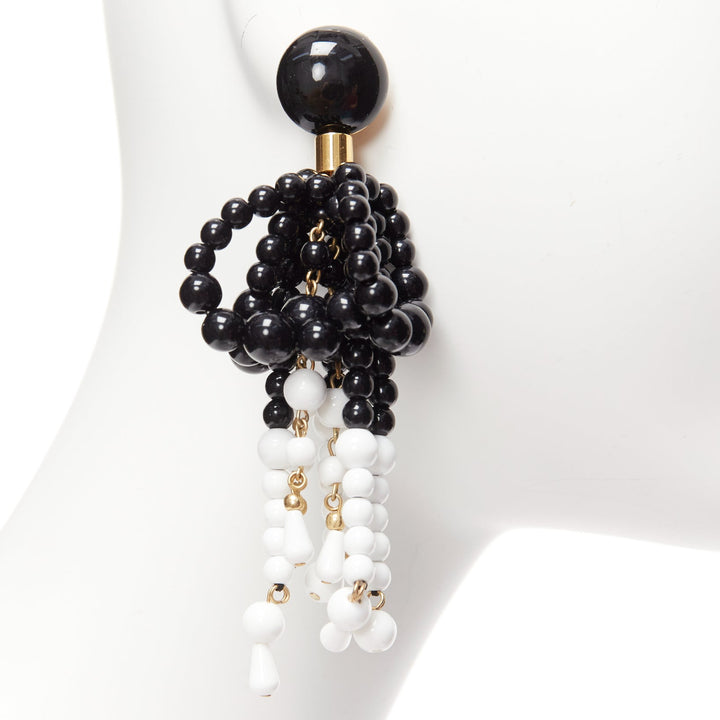 MARNI black white beads drop tassel statement dangling clip on earrings pair