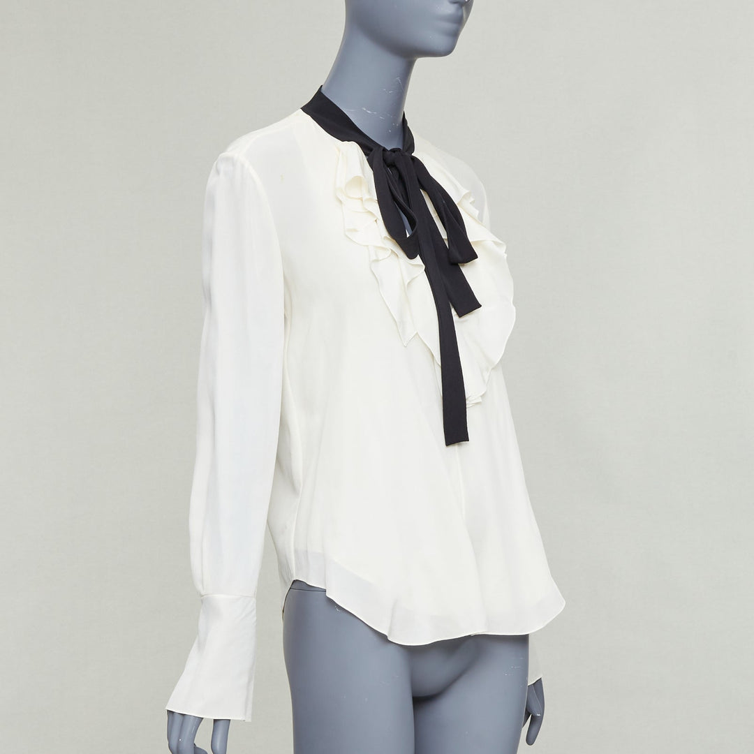 CHLOE milk cream black 100% silk tie neck ruffled peasant blouse FR36 S