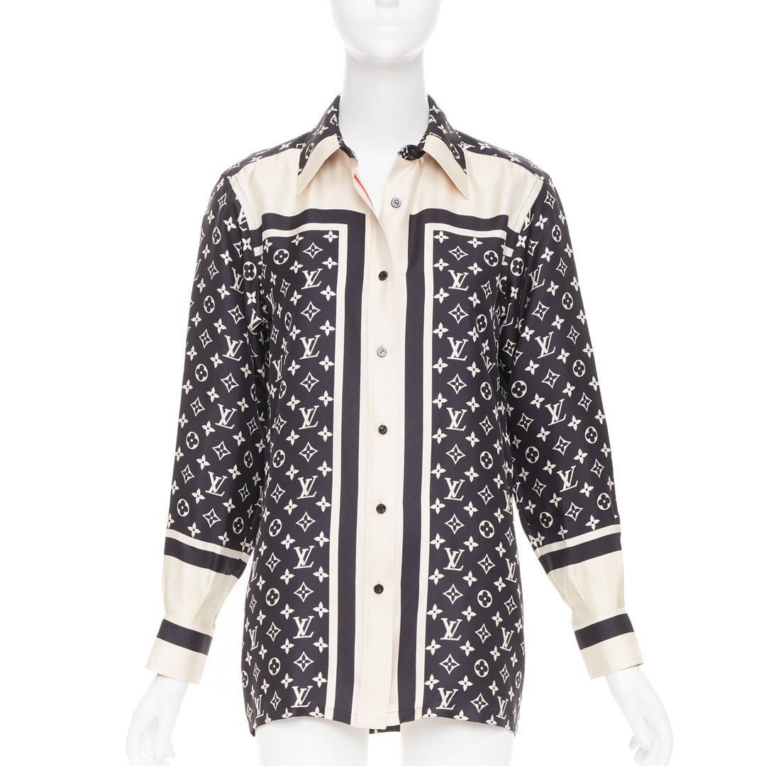 LOUIS VUITTON 2020 stripe accent mixed monogram silk long sleeve shirt FR34 XS