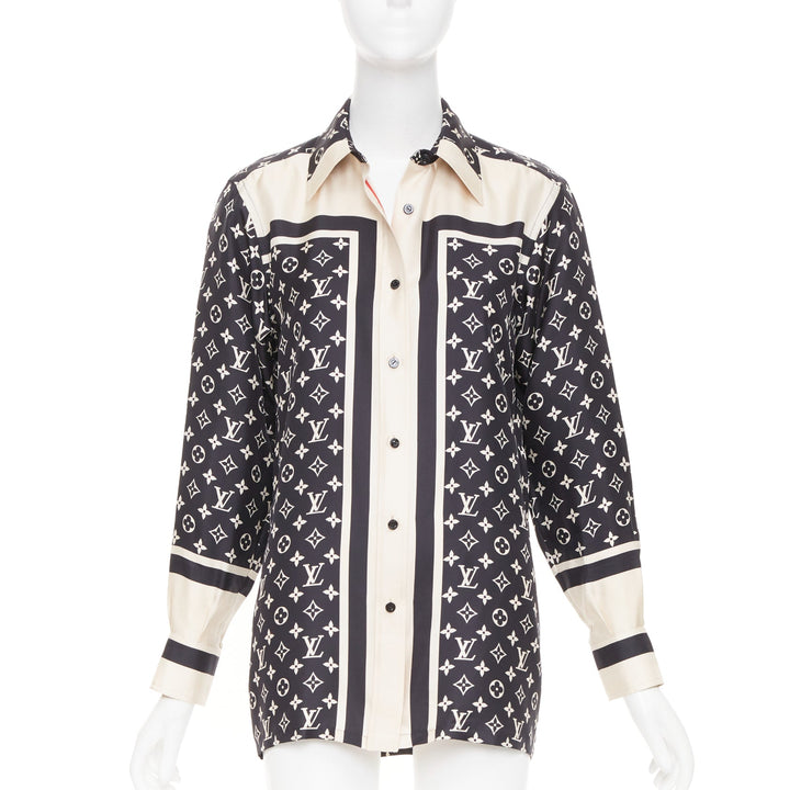 LOUIS VUITTON 2020 stripe accent mixed monogram silk long sleeve shirt FR34 XS